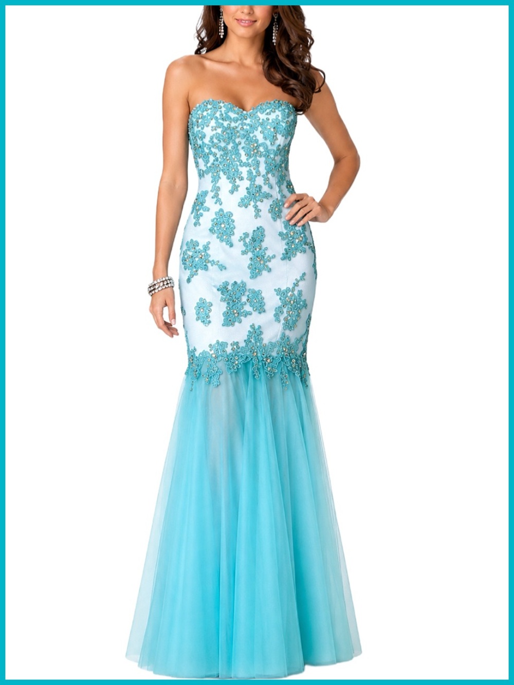 La Femme Aqua Blue & White Strapless Lace Embellished Tulle Gown Dress